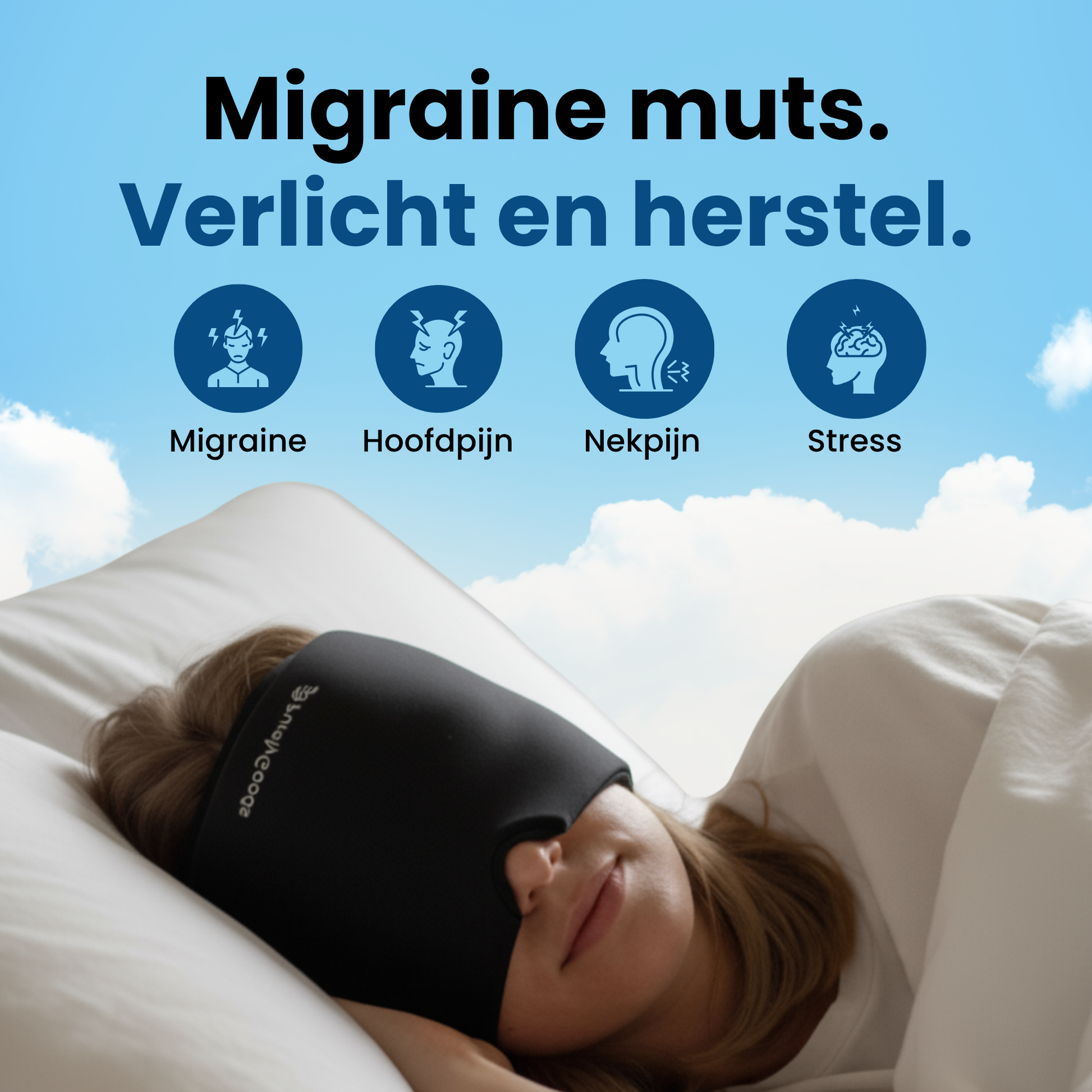 Afbeelding van een vrouw die de Migraine Muts draagt en herstelt. De muts helpt bij de verlichting van symptomen van migraine, hoofdpijn, nekpijn en stress.