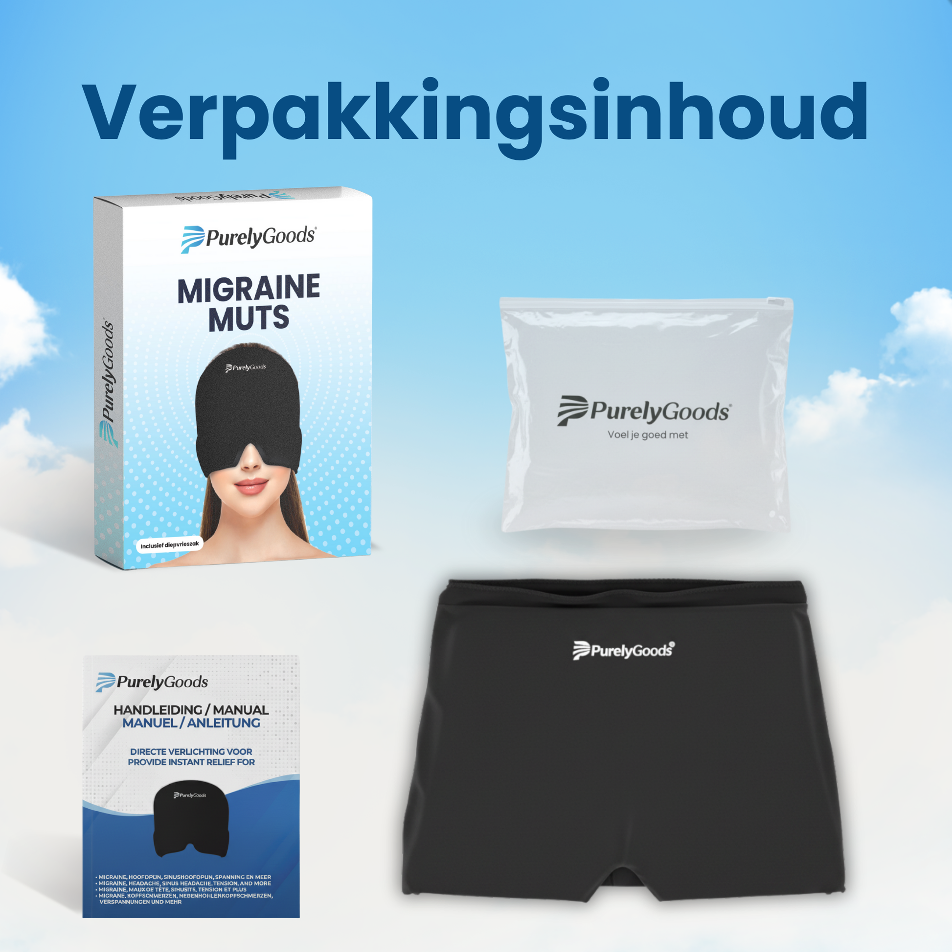 Afbeelding van de complete verpakkingsinhoud van de PurelyGoods Migraine Muts: de muts, de meertalige handleiding en de handige PurelyGoods opbergzak.