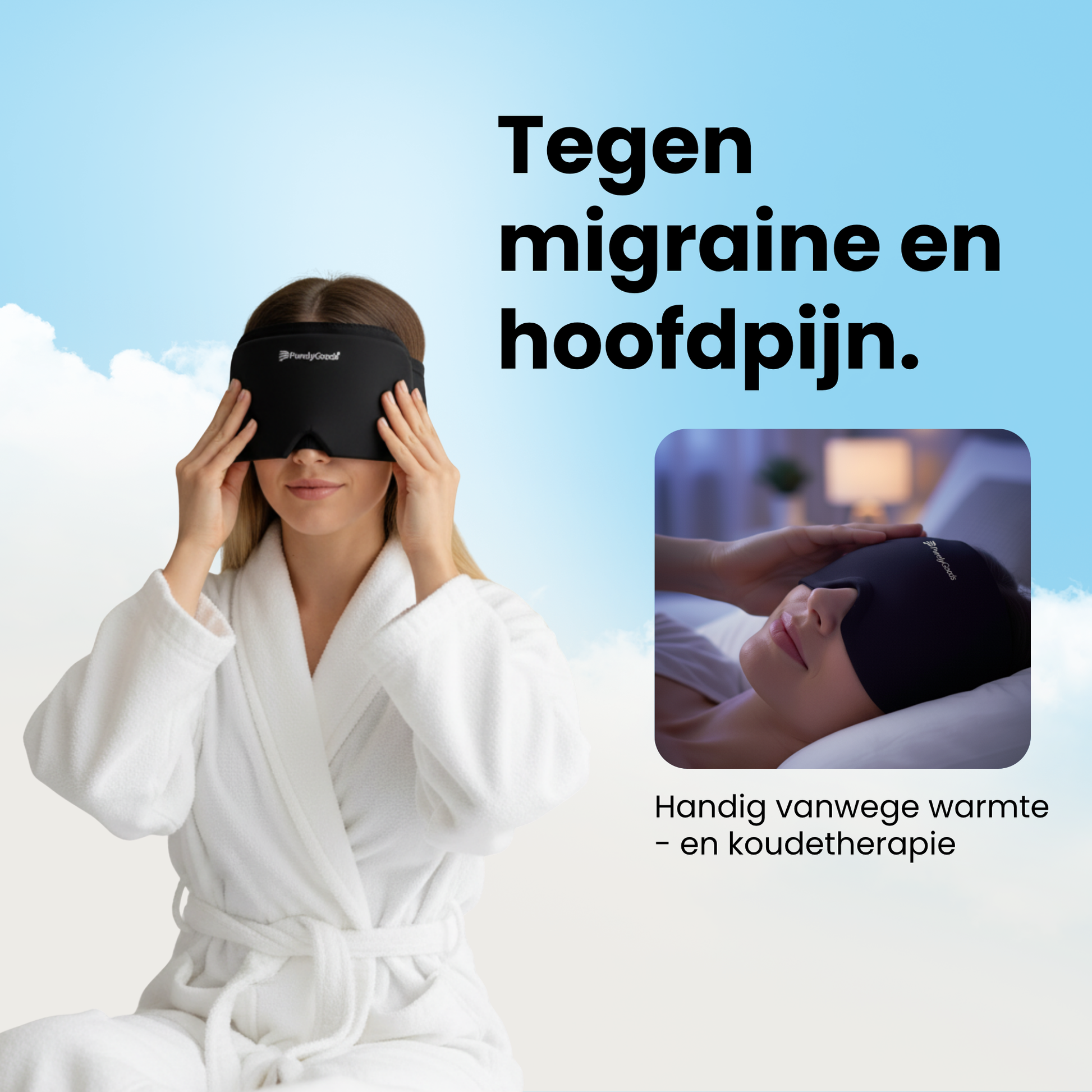 Afbeelding die de warmte- en koudetherapie van de PurelyGoods migraine muts demonstreert. Het masker is handig in gebruik en biedt verlichting tegen migraine en hoofdpijn.