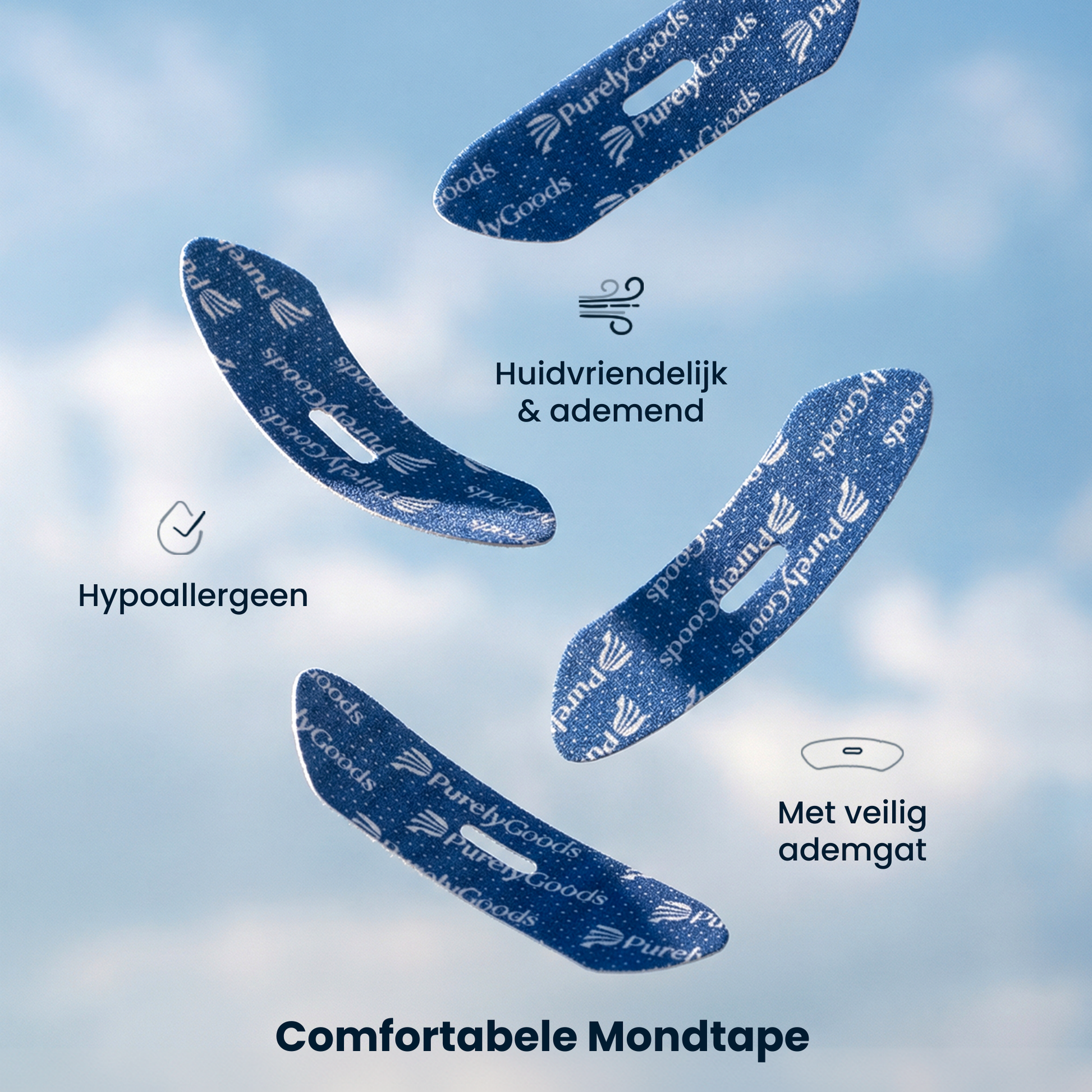 Vier donkerblauwe PurelyGoods mondpleisters zweven tegen een lichte blauwe hemel. De kenmerken worden benadrukt: 'Huidvriendelijk & ademend', 'Hypoallergeen', en 'Met veilig ademgat'. Onderaan staat de tekst 'Comfortabele Mondtape