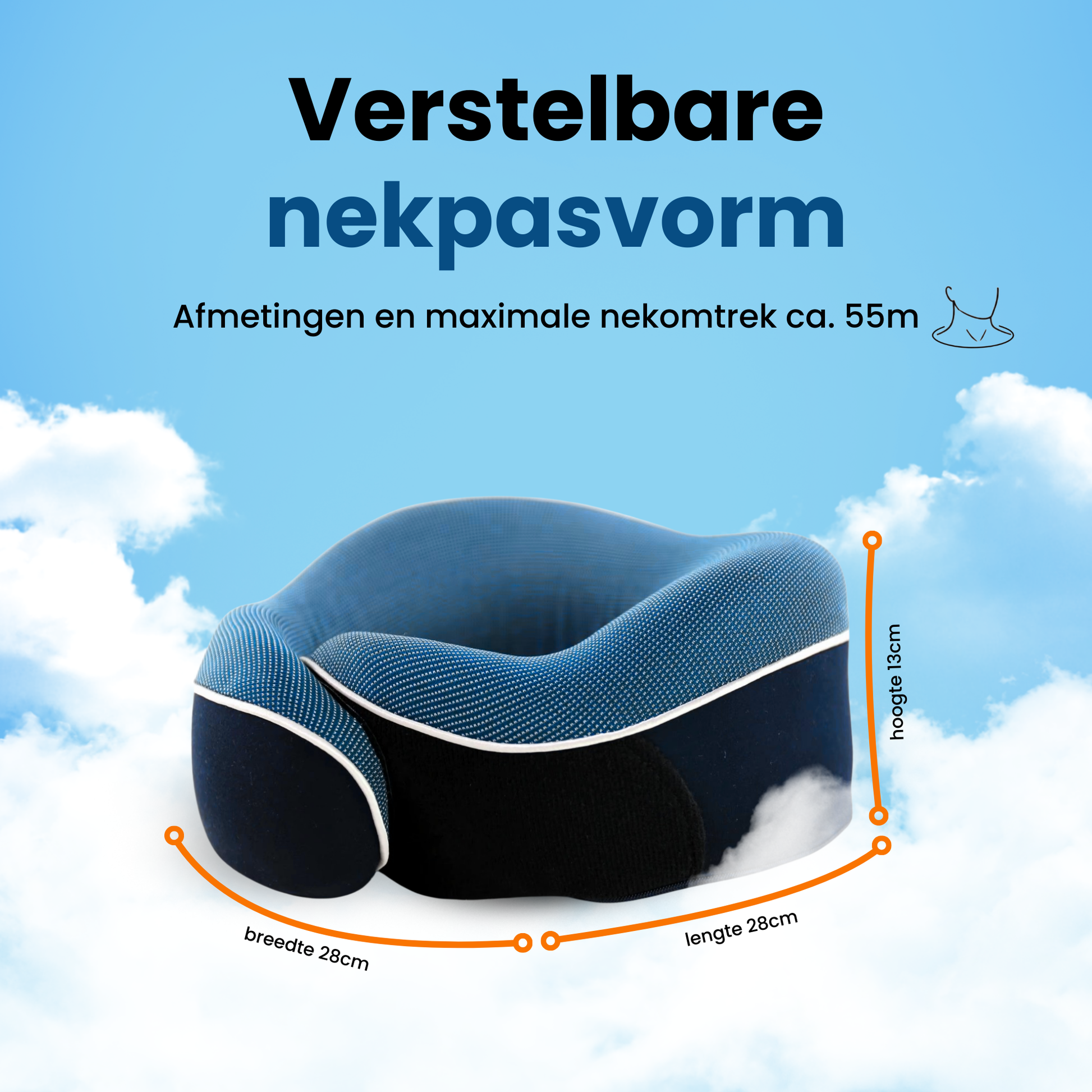 Verstelbaar nekkussen met weergegeven afmetingen: breedte 28 cm, lengte 28 cm, hoogte 13 cm en maximale nekomtrek tot circa 55 cm.