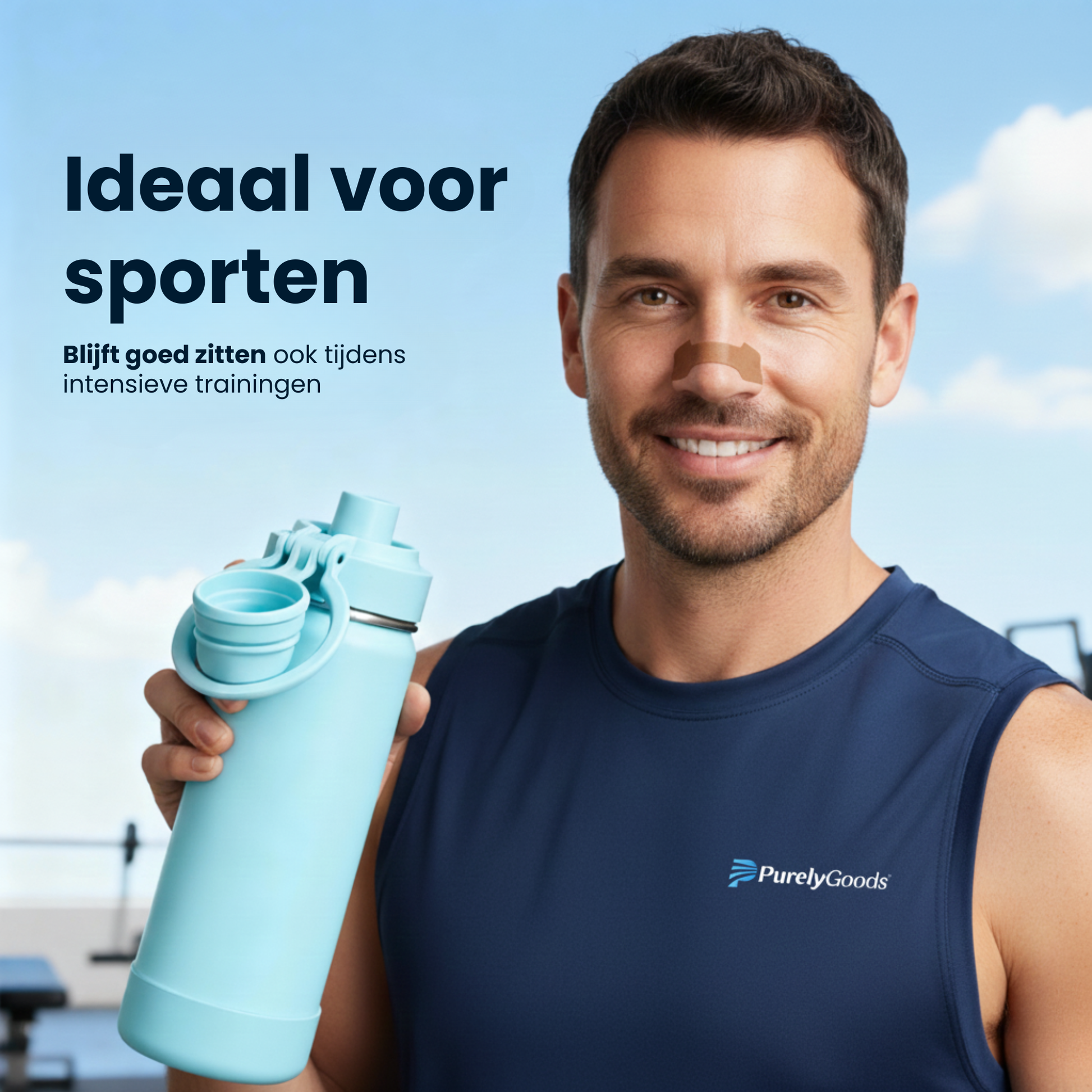 Een lachende man in een donkerblauw PurelyGoods sportshirt houdt een lichtblauwe bidon vast in een sportschool. Hij draagt een bruine PurelyGoods neuspleister op zijn neus. De tekst luidt: 'Ideaal voor sporten. Blijft goed zitten ook tijdens intensieve trainingen.' Deze sterke neusstrip verbetert de ademhaling.