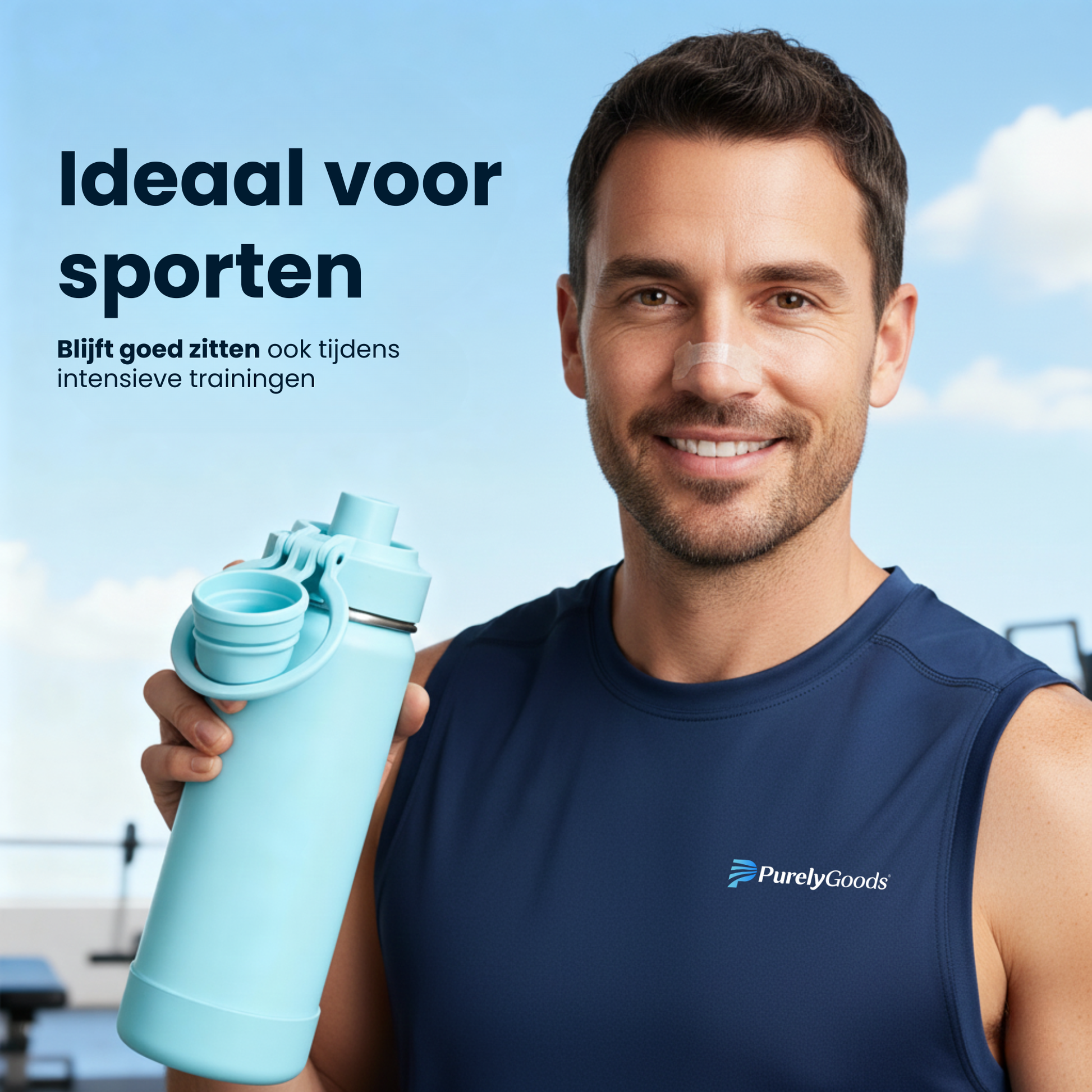 Een lachende man in een donkerblauw PurelyGoods sportshirt houdt een lichtblauwe bidon vast in een sportschool. Hij draagt een transparante PurelyGoods neuspleister op zijn neus. De tekst luidt: 'Ideaal voor sporten. Blijft goed zitten ook tijdens intensieve trainingen.' Deze sterke neusstrip is perfect voor betere ademhaling.