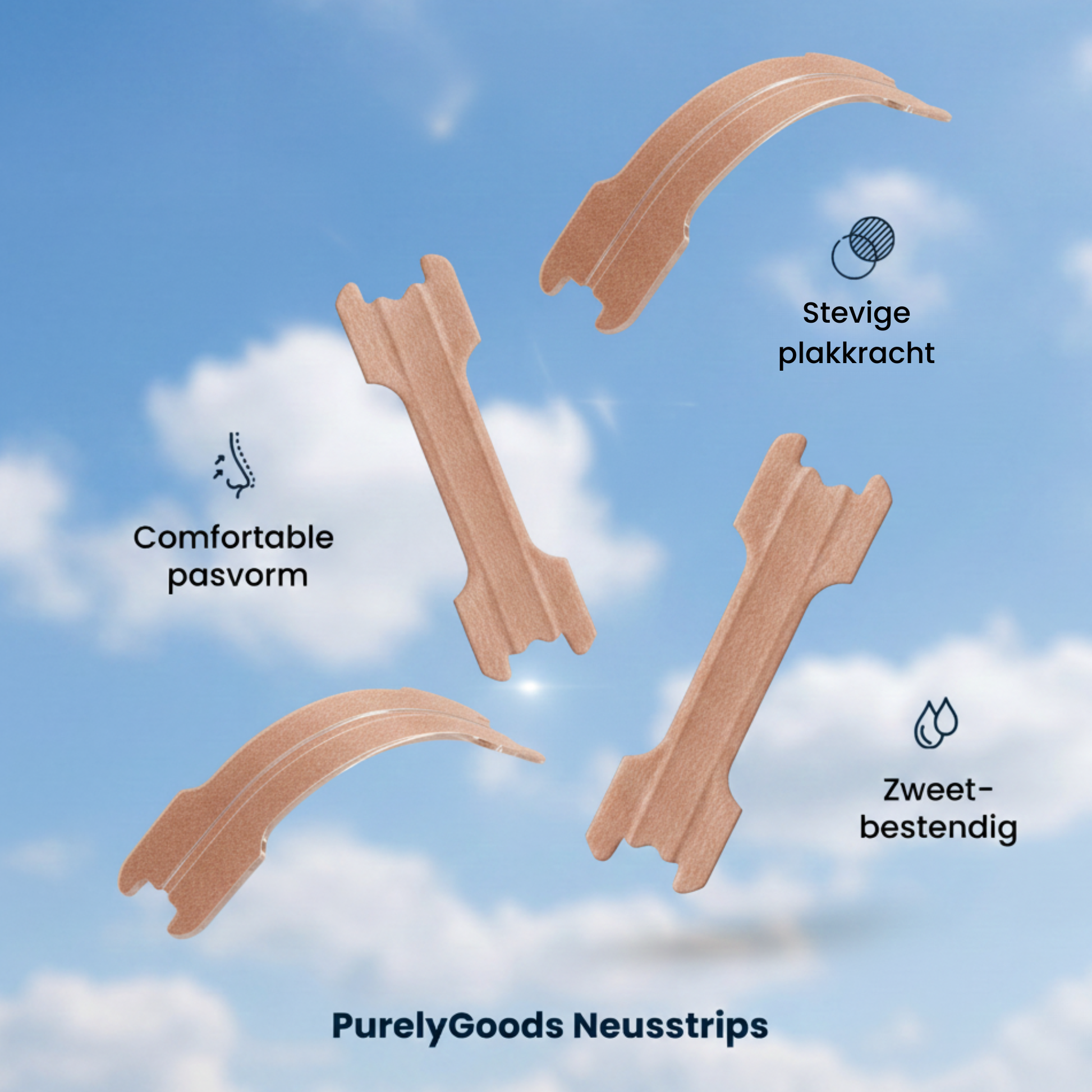 Vier bruine PurelyGoods neuspleisters zweven in de lucht tegen een blauwe hemel met wolken. De productkenmerken worden benadrukt: 'Comfortabele pasvorm', 'Stevige plakkracht' en 'Zweetbestendig'. Onderaan staat de tekst: 'PurelyGoods Neusstrips'. Dit zijn effectieve neuspleisters die ook als anti snurk neusstrip gebruikt kunnen worden.