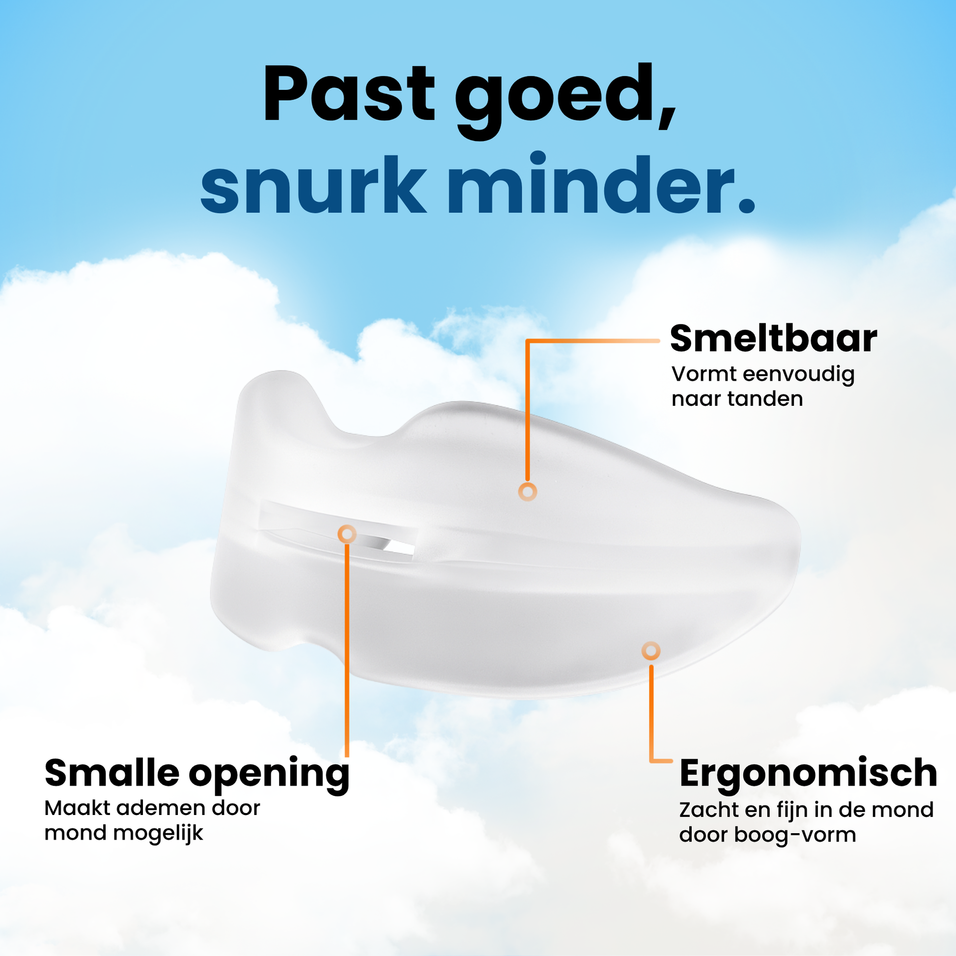 Afbeelding van de Snurkbeugel Comfort met toelichting op de kenmerken: smeltbaar voor een perfecte pasvorm, ergonomisch boog-vormig design en een opening voor mondademhaling.