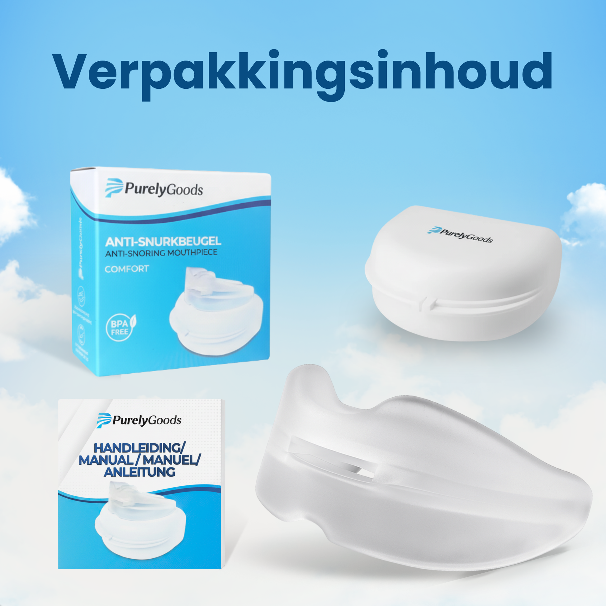 Afbeelding van de complete verpakkingsinhoud van de PurelyGoods Snurkbeugel Comfort, bestaande uit de bpa-vrije beugel, de opbergdoos en de meertalige handleiding.