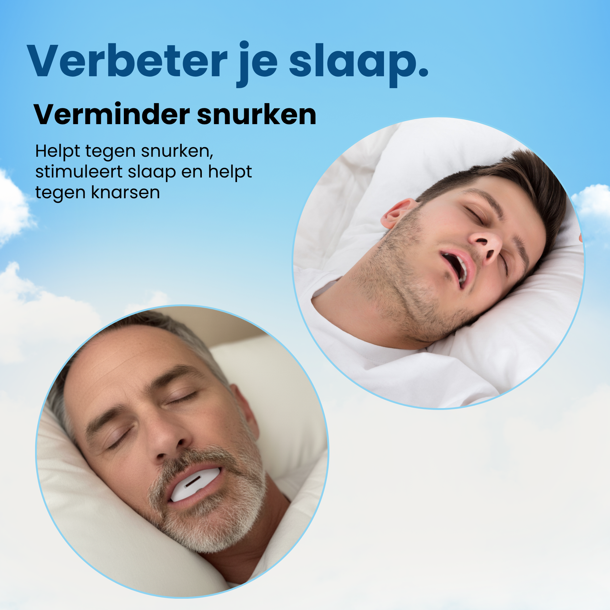 Afbeelding die de voordelen van de anti snurk beugel toont: de beugel helpt snurken te verminderen, gaat knarsen tegen en verbetert de slaap.