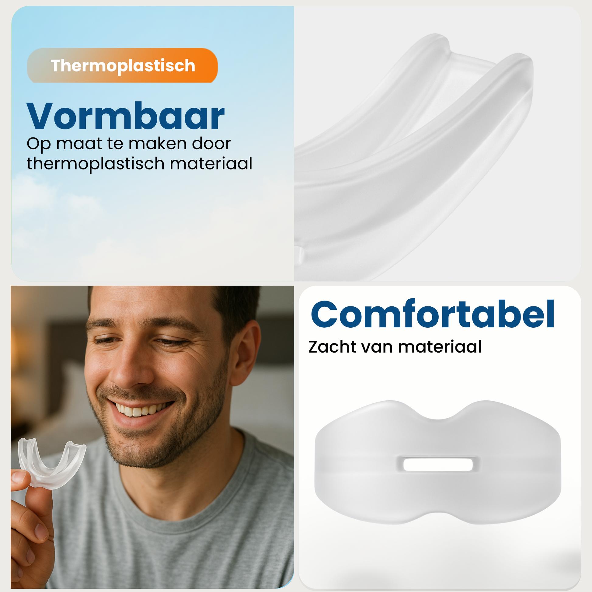 Collage over de eigenschappen van de Snurkbeugel Comfort: vormbaar en op maat te maken door thermoplastisch materiaal, en zeer comfortabel en zacht van materiaal.