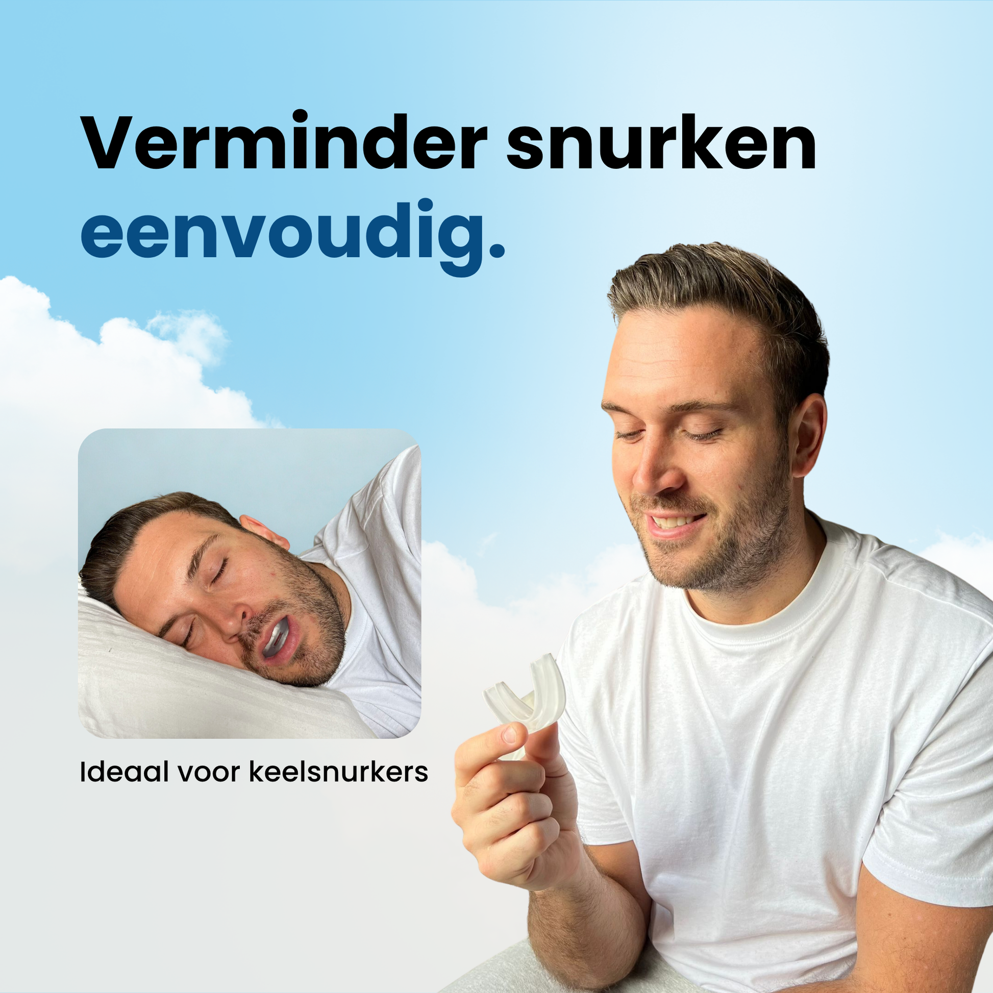 Afbeelding van een lachende man die de anti snurkbeugel vasthoudt, met de nadruk op het eenvoudig verminderen van snurken. De beugel is ideaal voor keelsnurkers.