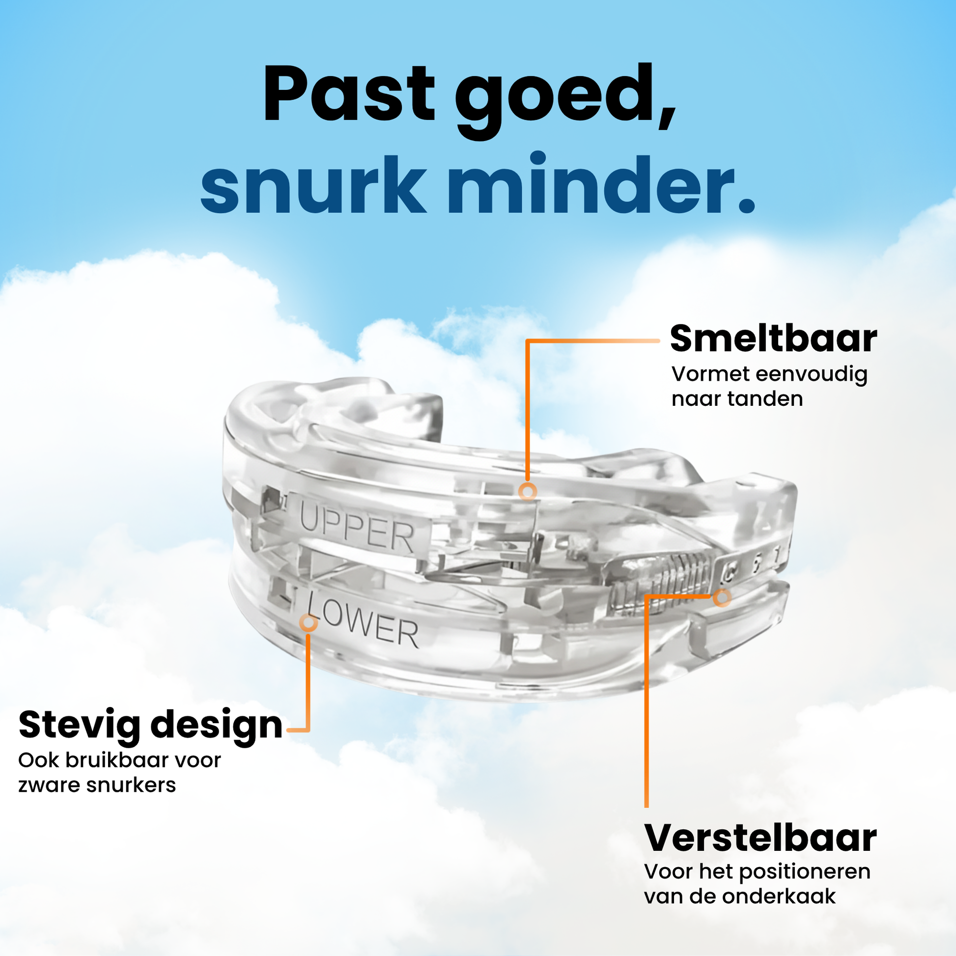 Afbeelding van de PurelyGoods Snurkbeugel Max die de belangrijke kenmerken benadrukt: smeltbaar voor een perfecte pasvorm, stevig design voor zware snurkers en verstelbaar voor de positionering van de onderkaak.