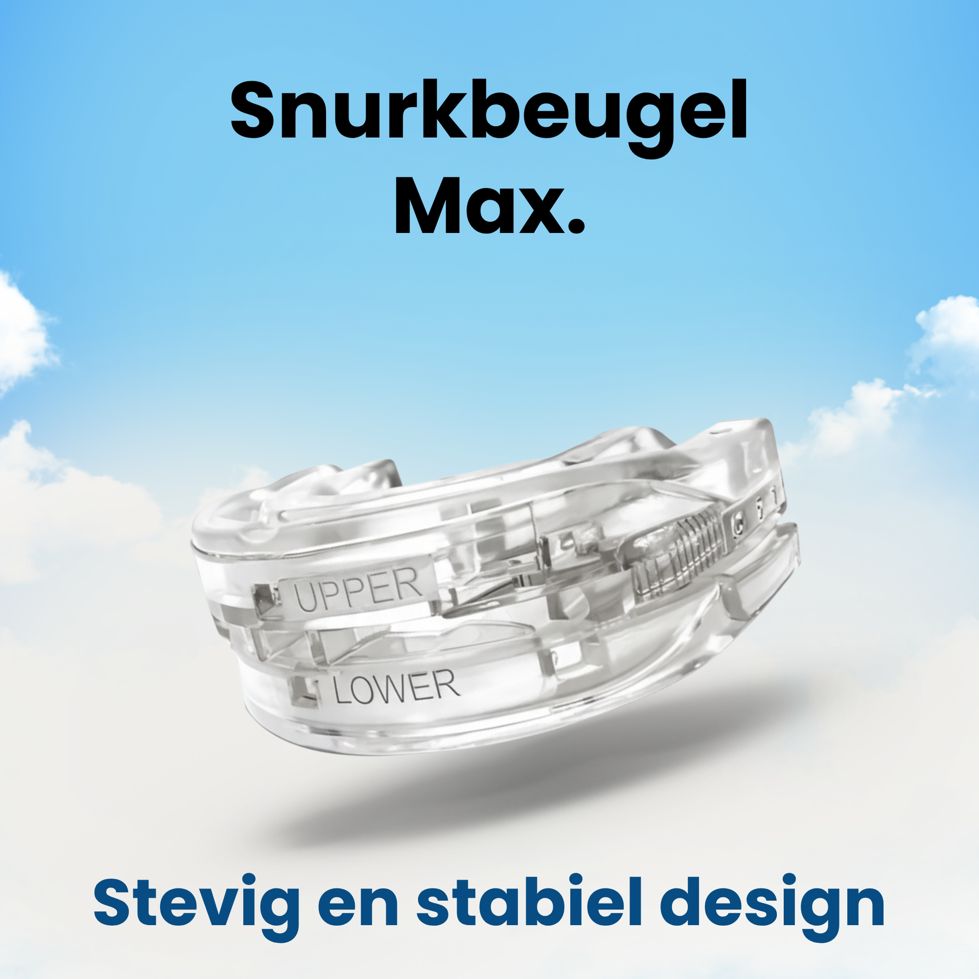 Productafbeelding van de PurelyGoods Snurkbeugel Max bitje, met een focus op het stevig en stabiel design dat geschikt is voor effectieve correctie van snurken.