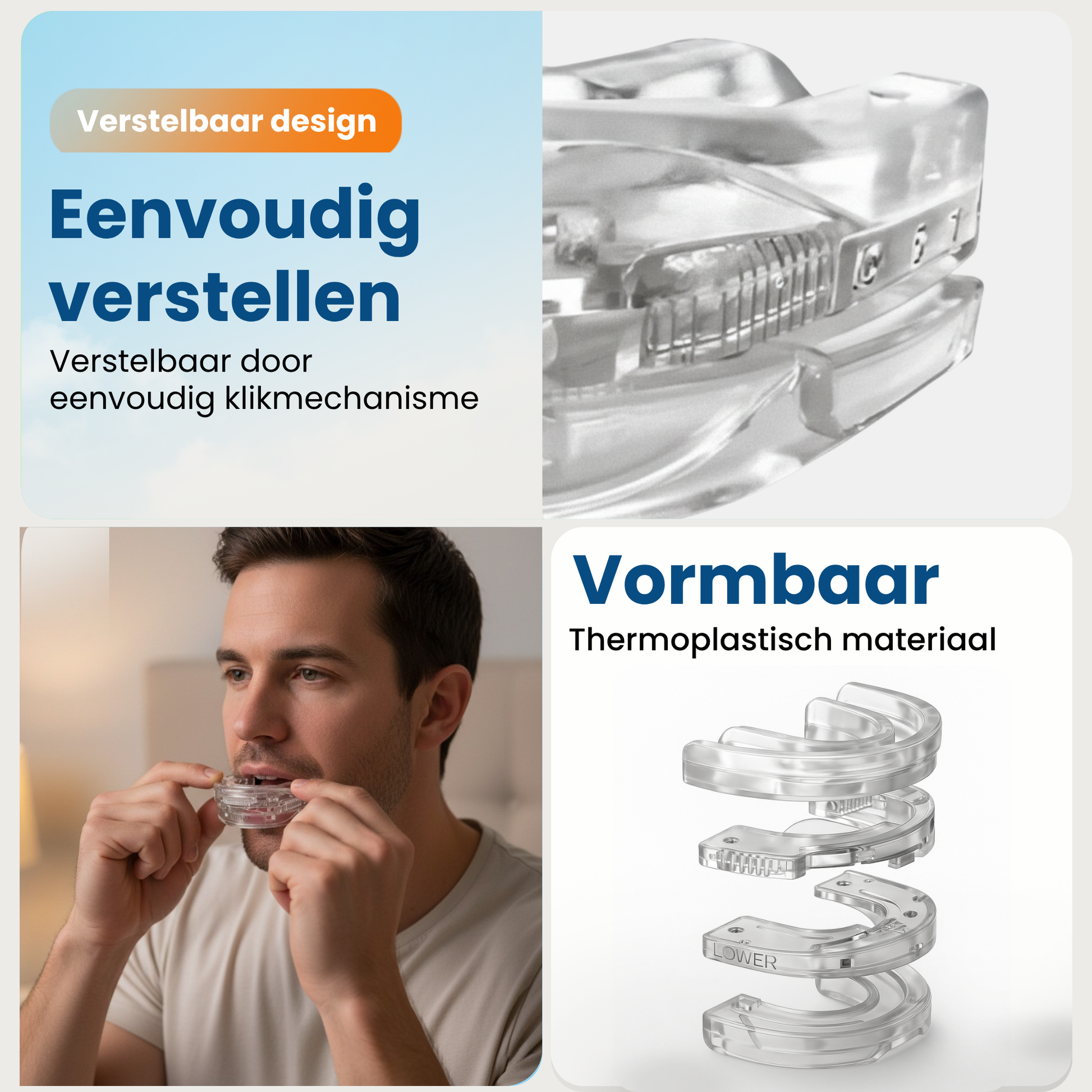 Afbeelding die de unieke kenmerken van de snurkbeugel toont: eenvoudig verstelbaar dankzij een klikmechanisme en vormbaar door het gebruik van thermoplastisch materiaal voor een persoonlijke pasvorm.