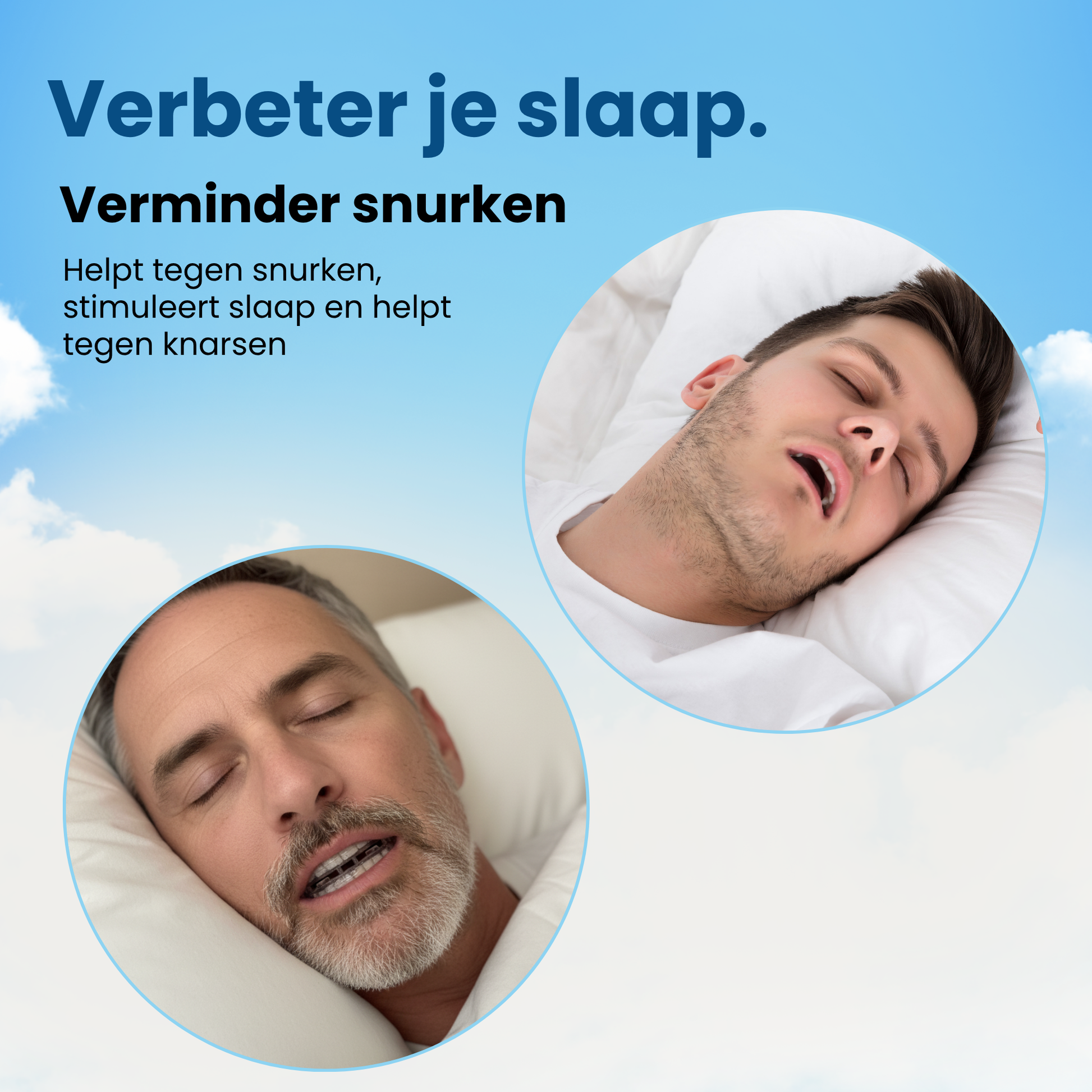 Afbeelding van twee slapende mannen die de voordelen demonstreren: de PurelyGoods snurkbeugel helpt snurken te verminderen, gaat knarsen tegen en verbetert de slaap.