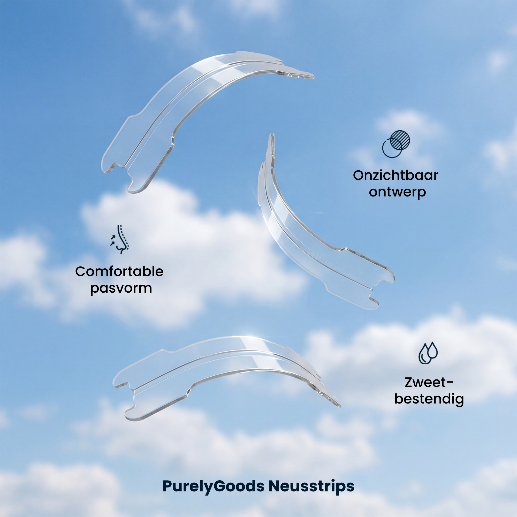 Drie transparante neusstrips zweven in de lucht tegen een lichtblauwe hemel met wat wolken. Tekst op de afbeelding benadrukt 'Onzichtbaar ontwerp', 'Comfortabele pasvorm' en 'Zweetbestendig'. Onderaan staat 'PurelyGoods Neusstrips'
