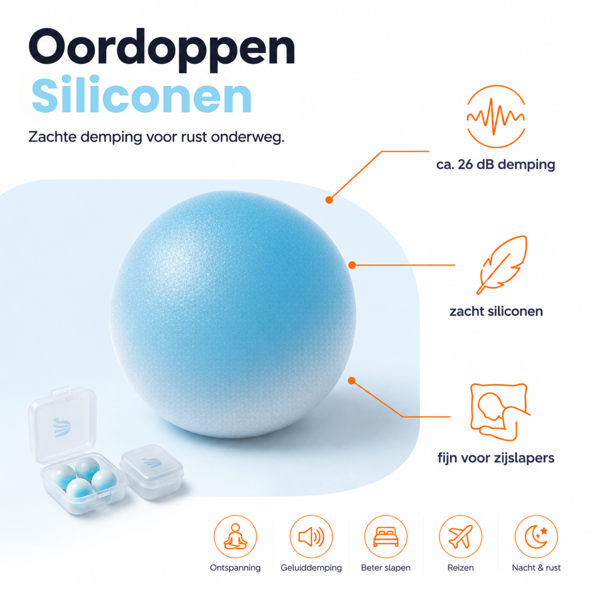 Zachte siliconen oordoppen met circa 26 dB demping voor slapen en reizen