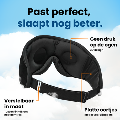3D slaapmasker zonder druk op ogen met verstelbare band en platte oortjes, ideaal voor zijslapers