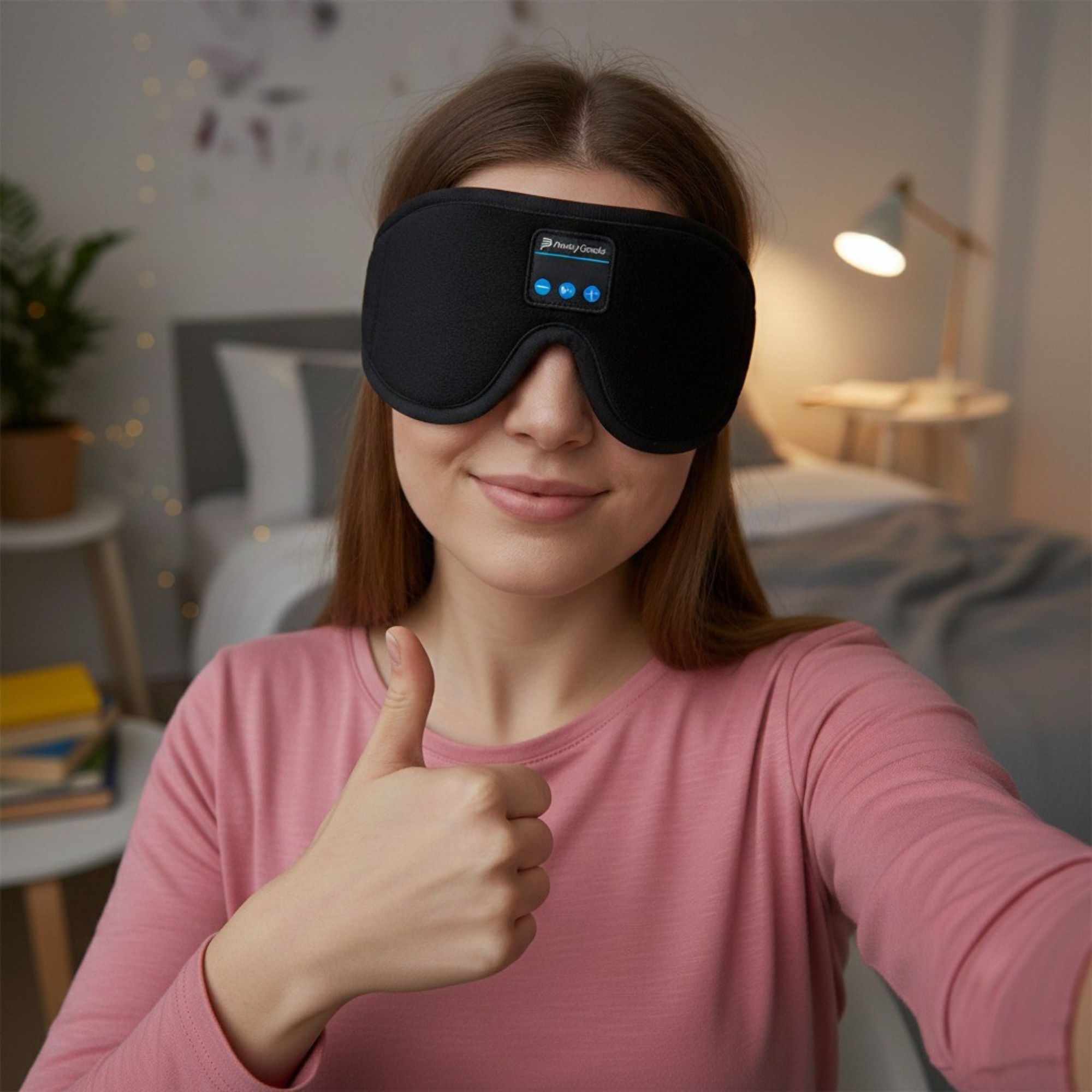 Vrouw met zwart slaapmasker met muziek en duim omhoog op bed, PurelyGoods slaapmasker met bluetooth