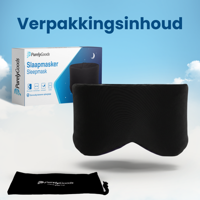 Inhoud van verpakking met slaapmasker en opbergzakje voor eenvoudig meenemen