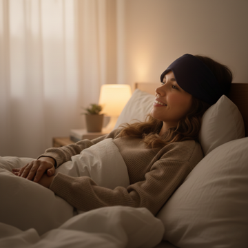 Vrouw met donkerblauw slaapmasker die ontspannen op haar zij in bed ligt, comfortabel slaapmasker voor zijslapers met lichte slaap