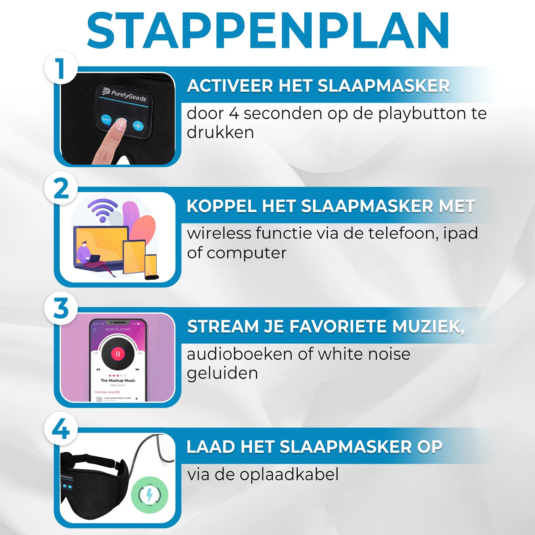 Stappenplan slaapmasker met bluetooth aanzetten