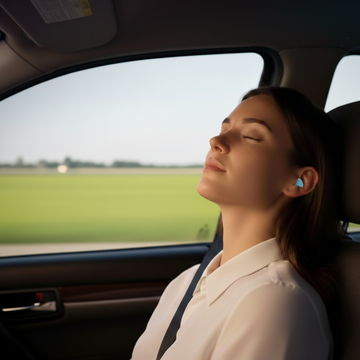Vrouw ontspant tijdens het reizen in de auto met comfortabele slaapoordoppen die omgevingsgeluid dempen.