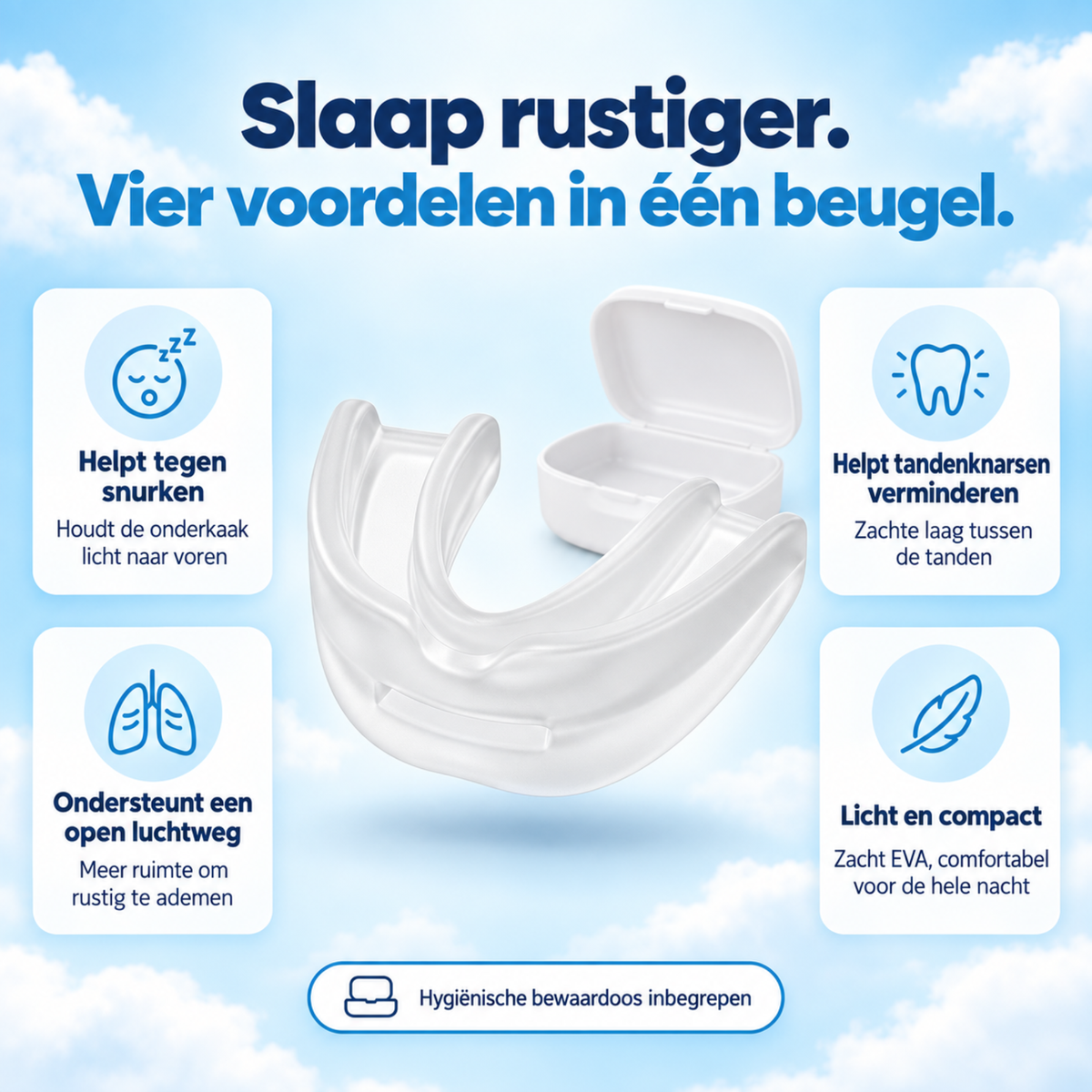 Snurkbeugel Comfort met bewaardoos en overzicht van vier productvoordelen.