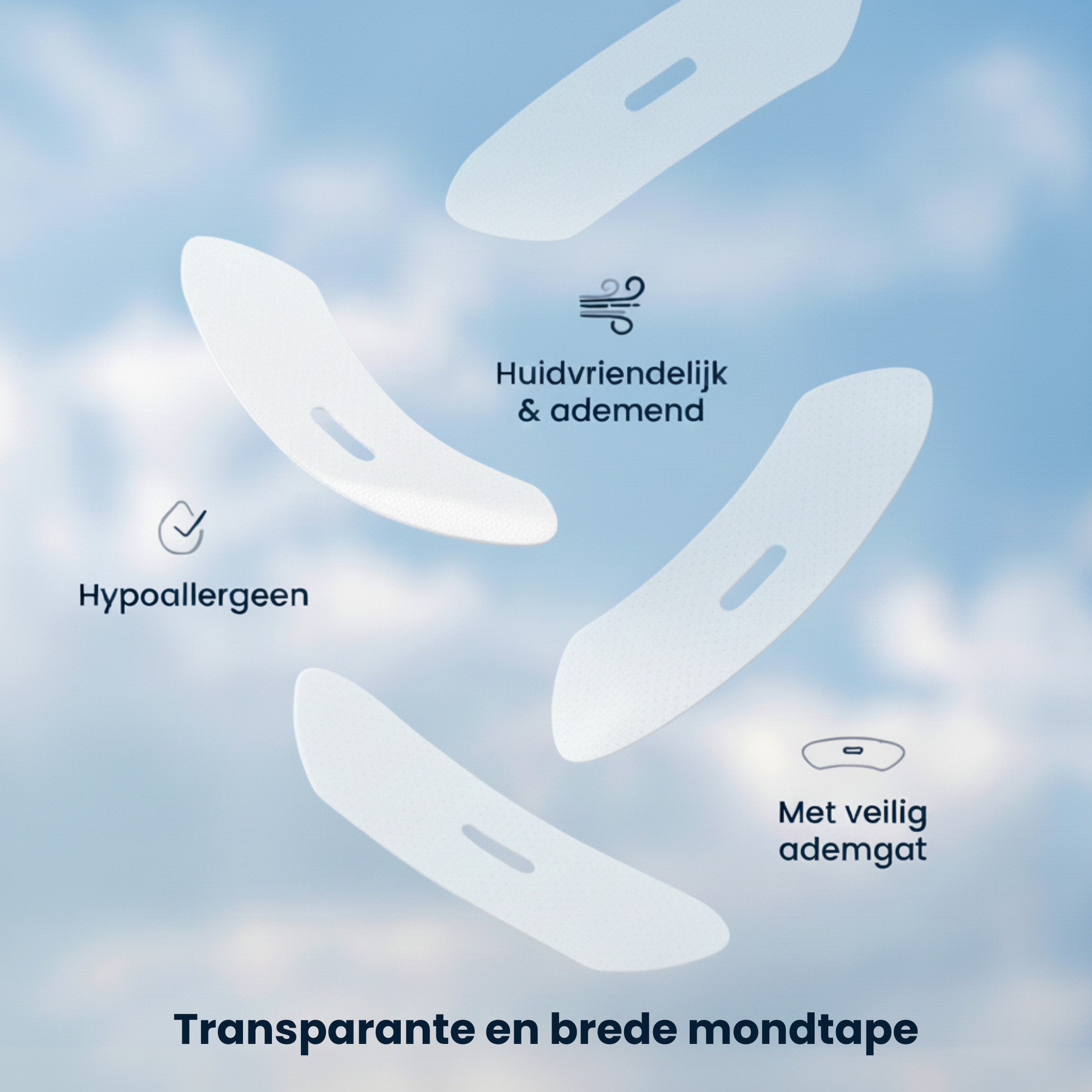 Vier witte, brede, transparante PurelyGoods mondpleisters zweven tegen een lichte blauwe hemel. De kenmerken worden benadrukt: 'Huidvriendelijk & ademend', 'Hypoallergeen', en 'Met veilig ademgat'. Onderaan staat de tekst 'Transparante en brede mondtape