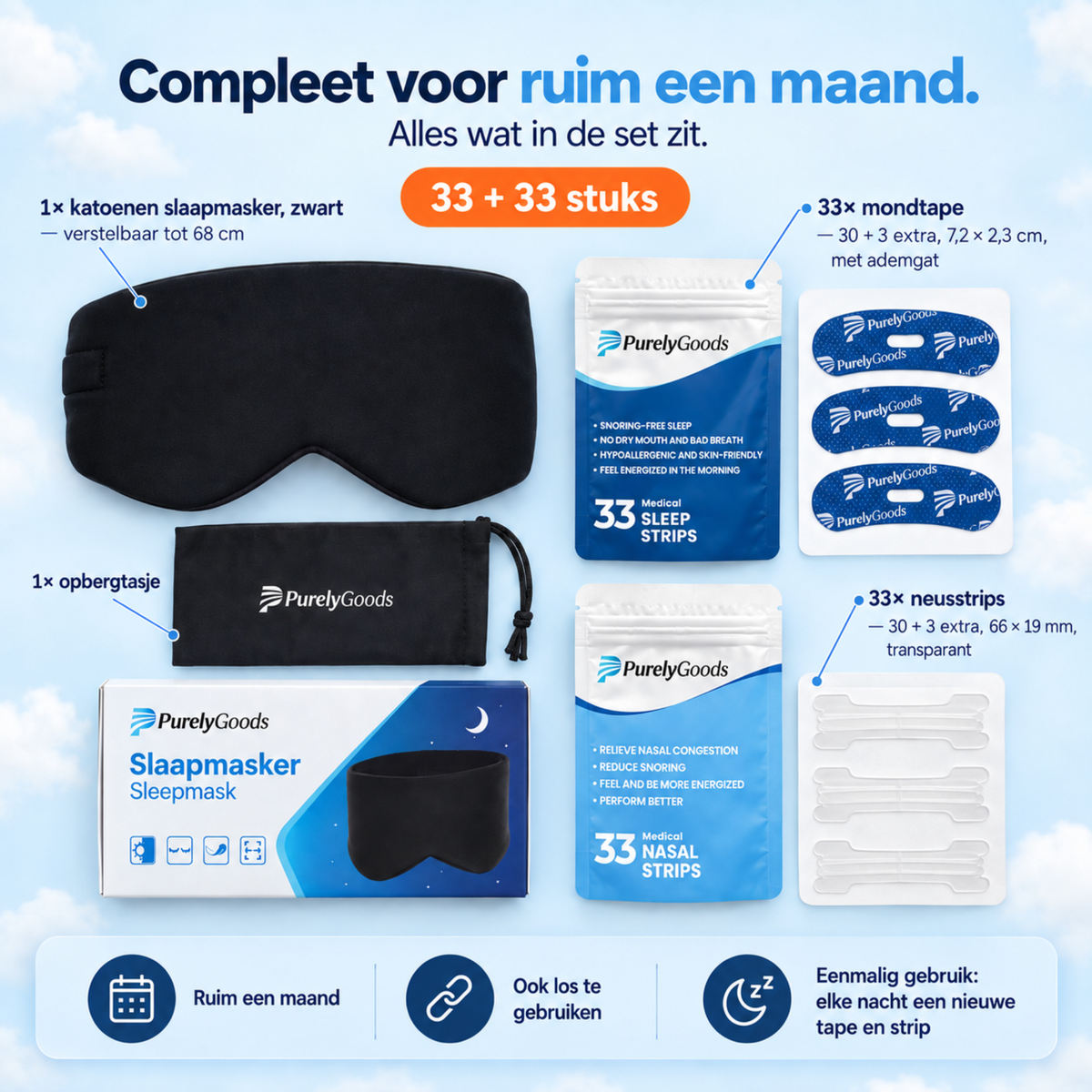 Inhoud PurelyGoods anti-snurk set: katoenen slaapmasker met opbergtasje, 33 mondtapes en 33 neusstrips, compleet voor ruim een maand.