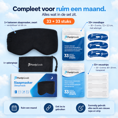 Inhoud PurelyGoods anti-snurk set: katoenen slaapmasker met opbergtasje, 33 mondtapes en 33 neusstrips, compleet voor ruim een maand.