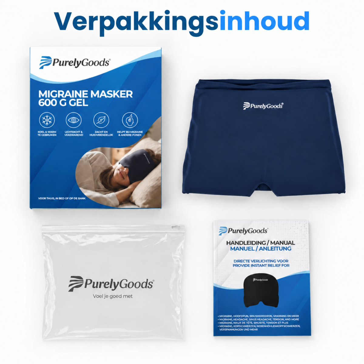 Verpakkingsinhoud PurelyGoods migraine masker: masker, diepvrieszak en handleiding