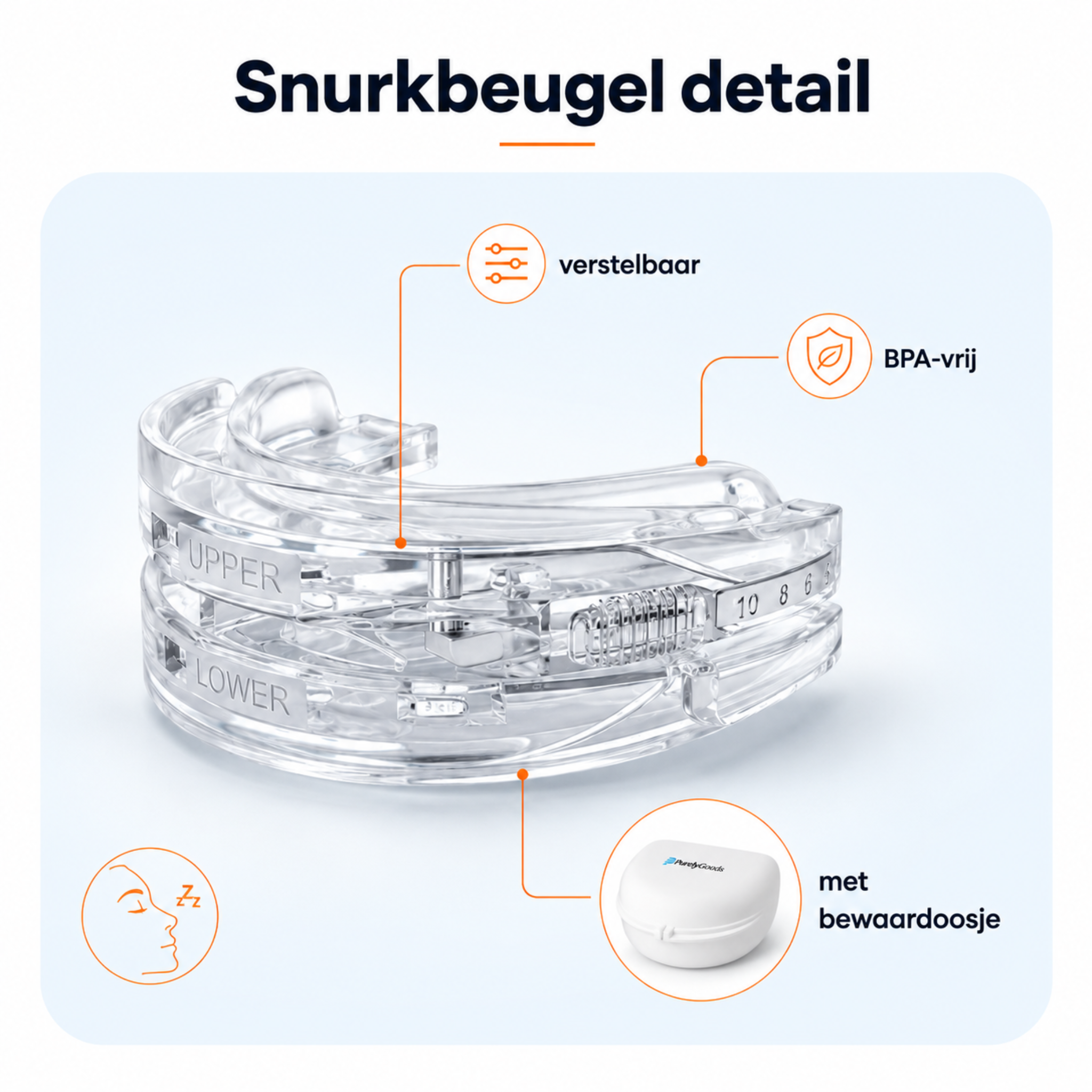 Detail van verstelbare BPA-vrije snurkbeugel met bewaardoosje