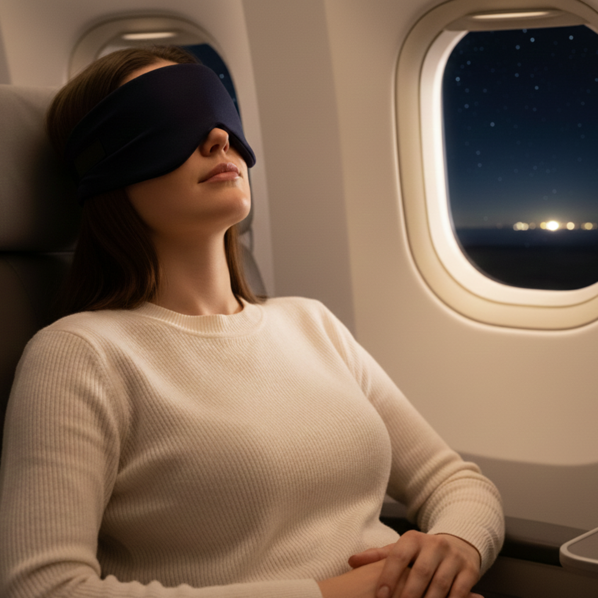 vrouw ontspant met slaapmasker tijdens het vliegen