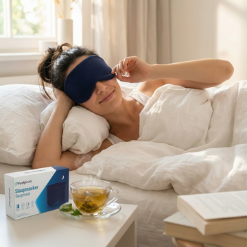 Vrouw wordt wakker met PurelyGoods slaapmasker, donkerblauwe kleur, in haar ochtendroutine. 