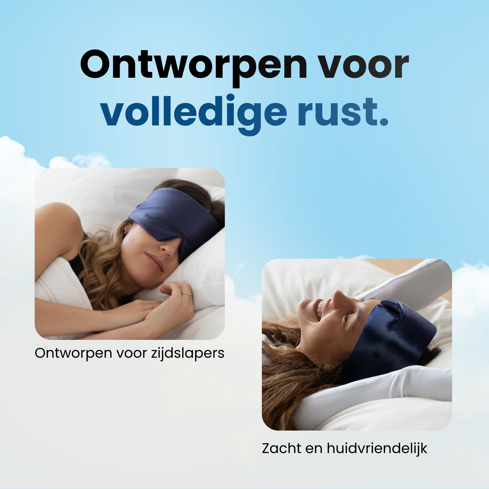 Zijden slaapmasker voor dames dat volledige rust ondersteunt, zacht voor de huid en comfortabel voor zijslapers tijdens het slapen.